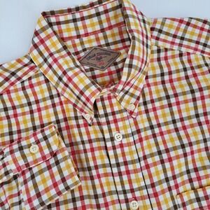 Bills Khakis Button Down Shirt Mens L Cotton Red Yellow Brown Tattersall Check